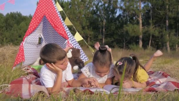 Niños en el picnic leer libro, lindos niños disfrutan leyendo historias interesantes mientras se relaja en el bosque en fin de semana de verano — Vídeo de stock