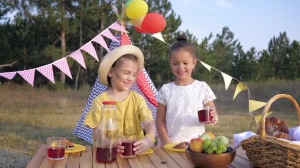 Les enfants femelles mignonnes font du pain grillé avec des verres de jus au déjeuner de pique-nique pendant le week-end avec des amis à l'extérieur — Video