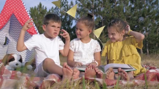 Mimik, lustige Kinder lesen interessante Geschichten im Buch vor und zeigen beim Picknick im Wald in den Sommerferien lustige Gesichter — Stockvideo