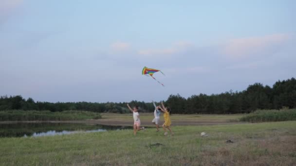 Игры с воздушным змеем, активные дети, бегающие по лугу весело провести время с игрушкой на фоне озера и деревьев — стоковое видео
