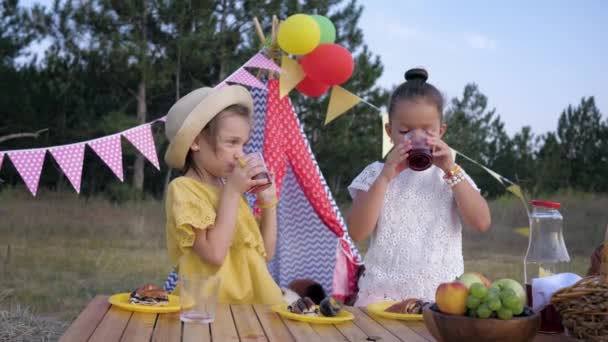 Отдых на пикнике, красивые девушки весело пить сок во время еды в лесу на отдыхе в сельской местности на лесной поляне на фоне wigwam — стоковое видео