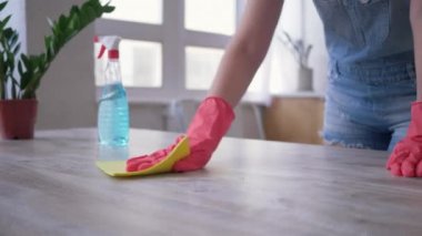 temizlik daire, mutfakta duster ve deterjan mendil masa ile eldiven kız