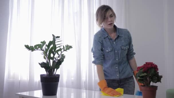 Allergisch gegen Waschmittel, Weibchen gequält und niesen Gesicht mit Händen Reinigung Haus wegen Haushaltschemikalien bedeckt — Stockvideo