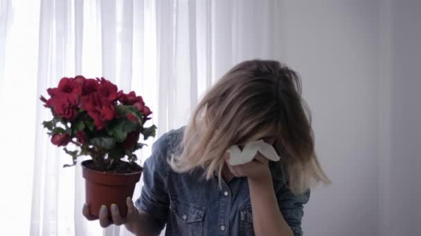 Niña alérgica, mujer joven con sensibilidad al polen sostiene la flor en sus manos y estornuda constantemente limpiando la cara con el pañuelo — Vídeos de Stock