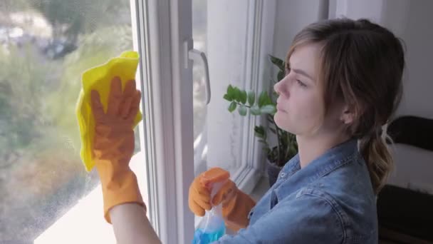 Allergi, vuxen kvinna i handskar lider på grund av tvättmedel nyser och tvättar fönster hemma — Stockvideo