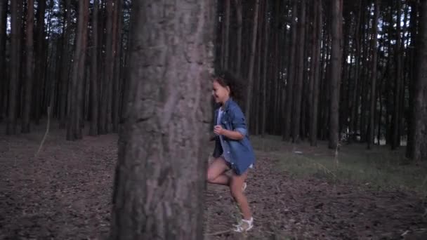 Niñez, niña alegre espiando desde detrás del árbol y luego corre entre filas de pinos en el bosque durante las vacaciones en el tiempo de la noche — Vídeos de Stock