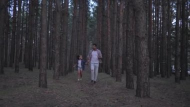 aile ormanda hafta sonu sahiptir, kızı yavaş hareket akşam çam sıraları arasında çalışan el ele tutuşarak neşeli baba