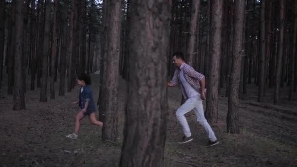 Famille heureuse, père jouant en rattrapage avec la fille entre les rangées d'arbres dans la forêt pendant les vacances au moment du soir — Video