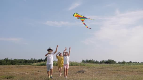 Дети с воздушным змеем, маленькие друзья играют и веселятся на лугу во время летних каникул, концепция счастья — стоковое видео