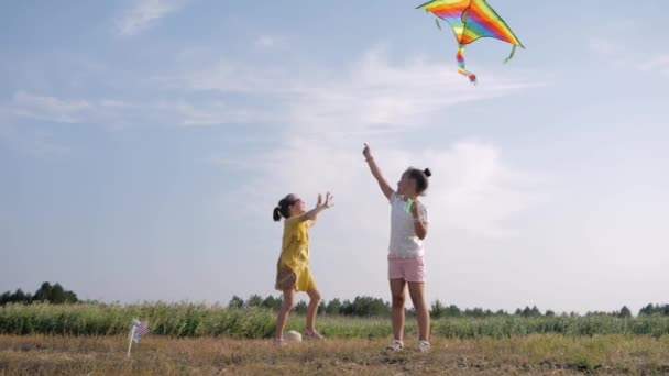 Jogos ao ar livre, bonito meninas alegres amigos passar tempo despreocupado no prado lançando pipa regozijando e se divertindo com férias maravilhosas no campo — Vídeo de Stock