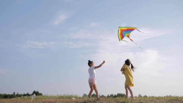 Літня релаксація, веселі маленькі подружки грають з повітряним змієм на відкритому повітрі на фоні блакитного неба під час вихідних у сільській місцевості — стокове відео