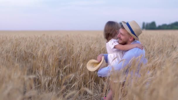 Šťastné setkání, malá roztomilá dívka objímající šťastný muž na pšeničném poli během sklizně sezóny proti modré obloze — Stock video