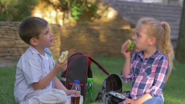Comer niños con sándwiches en las manos durante el almuerzo y hablar sentado en el césped en el patio de la escuela — Vídeos de Stock