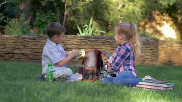 Komik aç arkadaşlar çabucak sırt çantalarından yiyecek kutularını çıkarıyorlar. Küçük çocuk ve kız parkta çimenlikte oturmuş sandviç yiyorlar. — Stok video