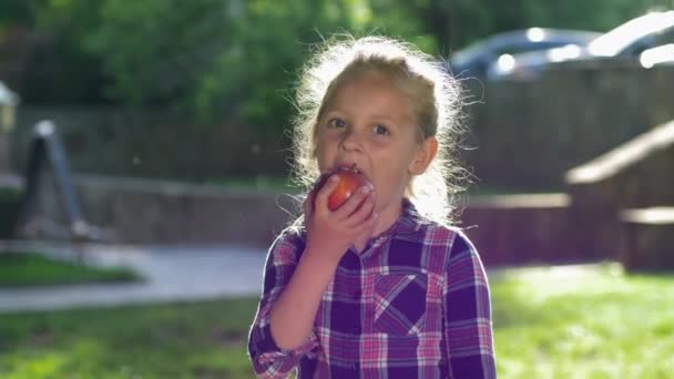 Gezond eten, schattig klein meisje in geruite shirt beten en grappig kauwen rijpe sappige appel in backlight buiten — Stockvideo
