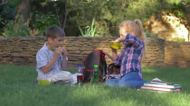 Час обіду, голодні діти швидко виймають бутерброди з харчових контейнерів і їдять, сидячи на газоні на шкільному майданчику — стокове відео