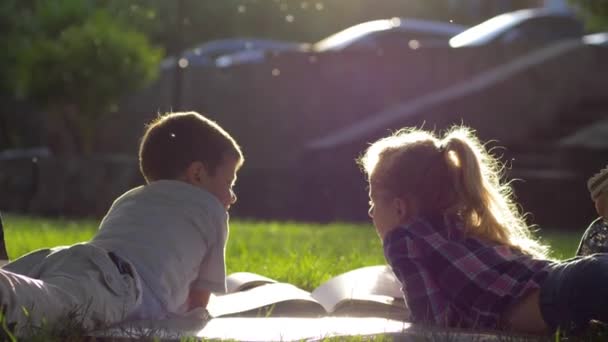 Vriendschap, kleine jongen en meisje liggend op gras en bekijk foto 's in een boek tijdens schoolvakantie buiten in het zonlicht — Stockvideo