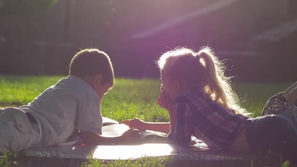 Actividades de ocio, niños curiosos ver imágenes en el libro durante el descanso escolar tumbado en la hierba al aire libre a la luz del sol — Vídeos de Stock