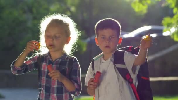 Retrato de crianças menino e menina soprando um monte de bolhas de sabão no backlight durante o recreio ao ar livre — Vídeo de Stock