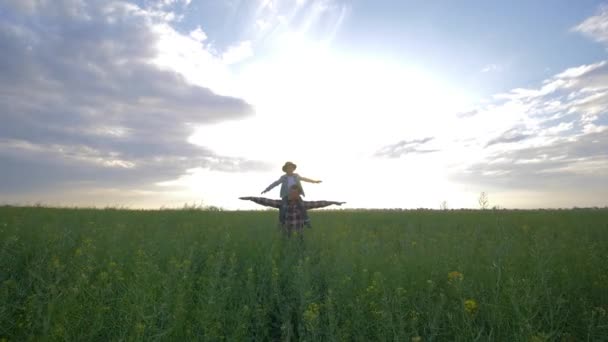 Aile oyunu, mutlu baba oğlunu omuzlarında taşır kolza tarlasında yürürken arka planda gökyüzünde ve günbatımında — Stok video