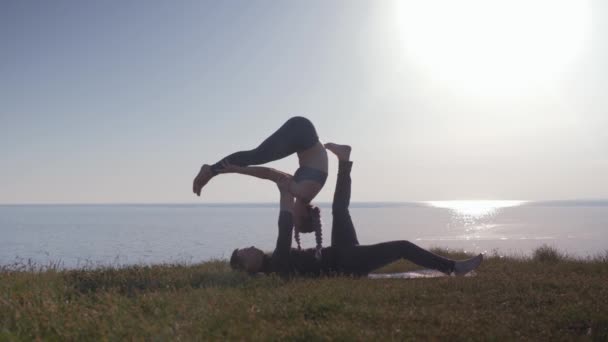 Wellness lifestyle, yoga pair is doing exercises in meadow enjoying nature, fresh air on background of sea — Stock Video