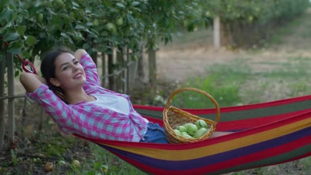 Temporada de cosecha, hembra sonriente con cesta de frutas se encuentra en la hamaca y disfruta de relajarse — Vídeos de Stock