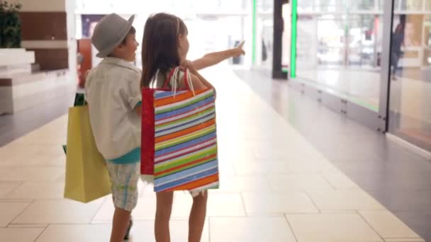 Shopper kids with lots of paper bags walking together holding hands at shopping center after purchases in expensive stores — Stock Video