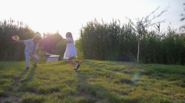 çocuk oyunları, aktif eğlence çocuklar oyuncak yel değirmenleri olan kız ve erkek çocuk yakalayın ve güneş ışığında yeşil çimlerde koşun