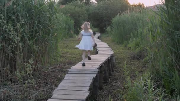 Активна мила дівчинка в білій сукні біжить по дерев'яному мосту в природі серед зеленої рослинності — стокове відео