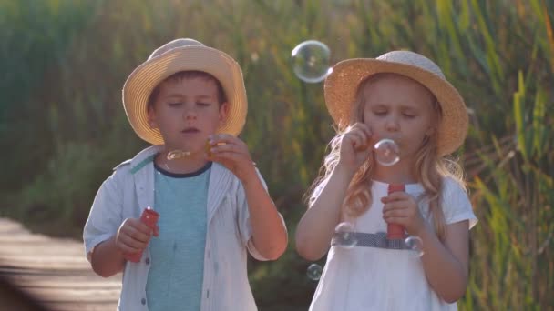 Niños juegos, divertido niños encantadores chico y chica en sombreros de paja soplar burbujas y reír al aire libre — Vídeo de stock
