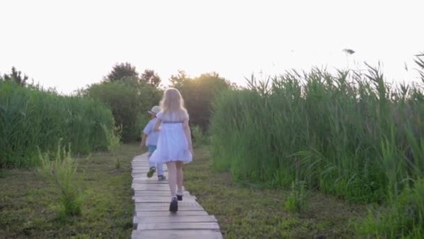 Активные дети девочка и мальчик играют в догонялки и бегают по деревянному мосту на природе среди зеленой тростника — стоковое видео