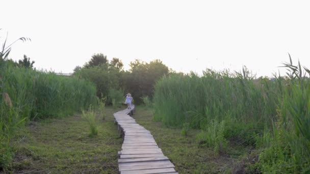 Радісна маленька дівчинка з другом хлопчик грає на дерев'яному мосту в природі серед зеленого очерету — стокове відео