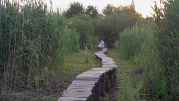 Vrolijk actief kind meisje in witte jurk loopt langs houten brug in de natuur tussen groen hoog gras — Stockvideo