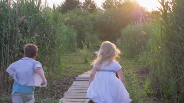 Venkovní rekreace, aktivní přátelé dívka a chlapec hrát dohnat a běh na dřevěném mostě v přírodě mezi zelenými rákosí — Stock video
