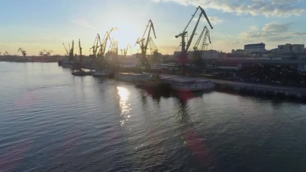 Panorama del puerto fluvial con grúas elevadoras para carga y descarga de embarcación de comercio internacional en ribera contra cielo en hermosa puesta del sol y agua brillante, vista drone — Vídeos de Stock