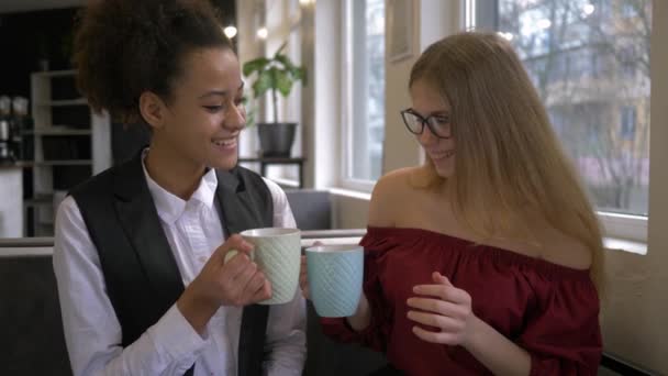 Portrait d'amis de race mixte filles font clin d'oeil avec des tasses de thé dans le café et sourire à loisir — Video