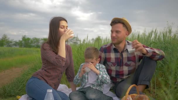 Příroda rekreace, šťastný úsměv rodina s dítětem chlapec pít mléko při pikniku venku na zelené louce — Stock video