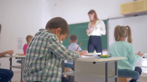 Ortaokuldaki sınıf derslerinde masa başında mutlu bir okul çocuğunun portresi. Kapatın. — Stok video