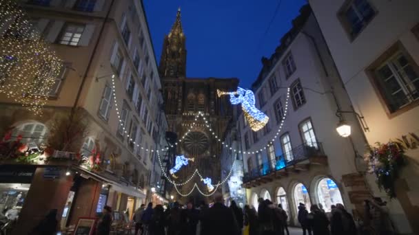 Lot tourists walk in Christmas street market in front of Notre-Dame Cathedral square decorated with garlands into Europe at evening — Stock Video