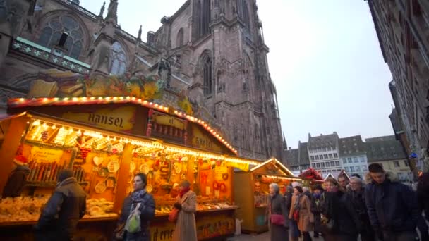 Street fair for tourists, souvenir shop in Christmas lights on Notre-Dame Cathedral square with European gothic architecture — Stock Video