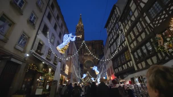 Urban bustle on eve holiday, crowd of citizens and tourists walk along city street decorated with garlands on eve of New Year against Notre-Dame Cathedral in evening — Stock Video