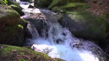 Doğal şelale, yeşil yosunlarla kaplı büyük taşların arasından akar ve yavaş çekimde su sıçratır.