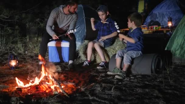 Daddy speaks with sons near bonfire into night forest, dad Tells stories for kids in journey with tents, — Stock video