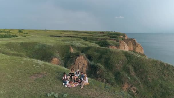 Top pohled na společnost veselých přátel ženy a muž baví a hrát na hudební nástroj během piknik v přírodě na louce u vody — Stock video