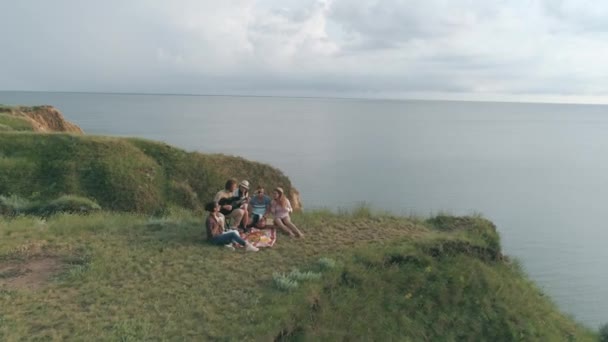 Vacances dans la nature, amis de compagnie joyeux s'amuser et jouer de la guitare tout en se reposant sur le pique-nique en plein air à la colline près de la rivière, vue aérienne — Video