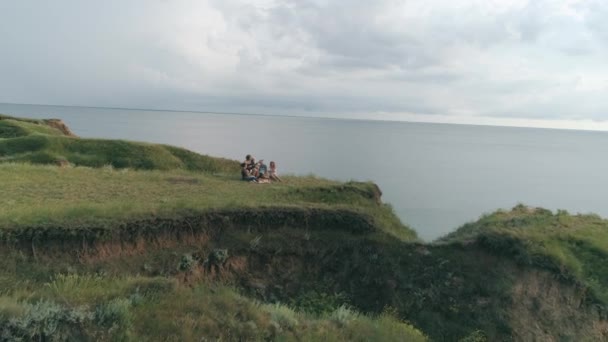 海の近くの丘で自然の中でピクニックをしながら、楽しさとギターを演奏している若い友人の女性と男性、ドローンビュー — ストック動画