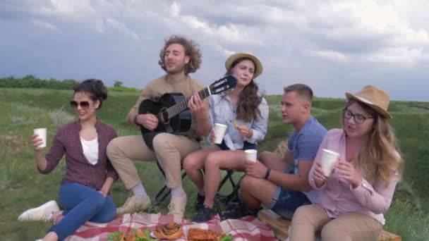 Picknick, gezelschap van vrolijke vrienden jongens en meisjes spelen gitaar en zingen liedjes terwijl de natuur recreatie in de buurt van de rivier — Stockvideo