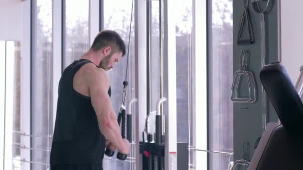 健美运动，强壮的男性在靠近窗户的健身房锻炼身体时，在牵引模拟器上进行肌肉锻炼训练 — 图库视频影像