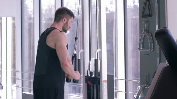 Trening siłowy, silny sportowiec budujący mięśnie na symulatorze trakcji podczas pracy nad ciałem w centrum sportowym — Wideo stockowe