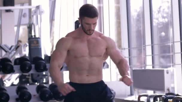 Sport livsstil, attraktiv muskulös idrottsman gör uppvärmning efter träning i att bygga muskler i fitness studio — Stockvideo